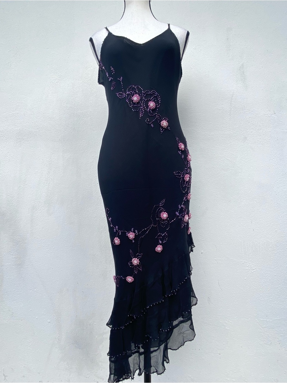 Y2K 100% Silk Black Purple & Pink Floral Beaded Whimsygoth Fairy Dress Size 8